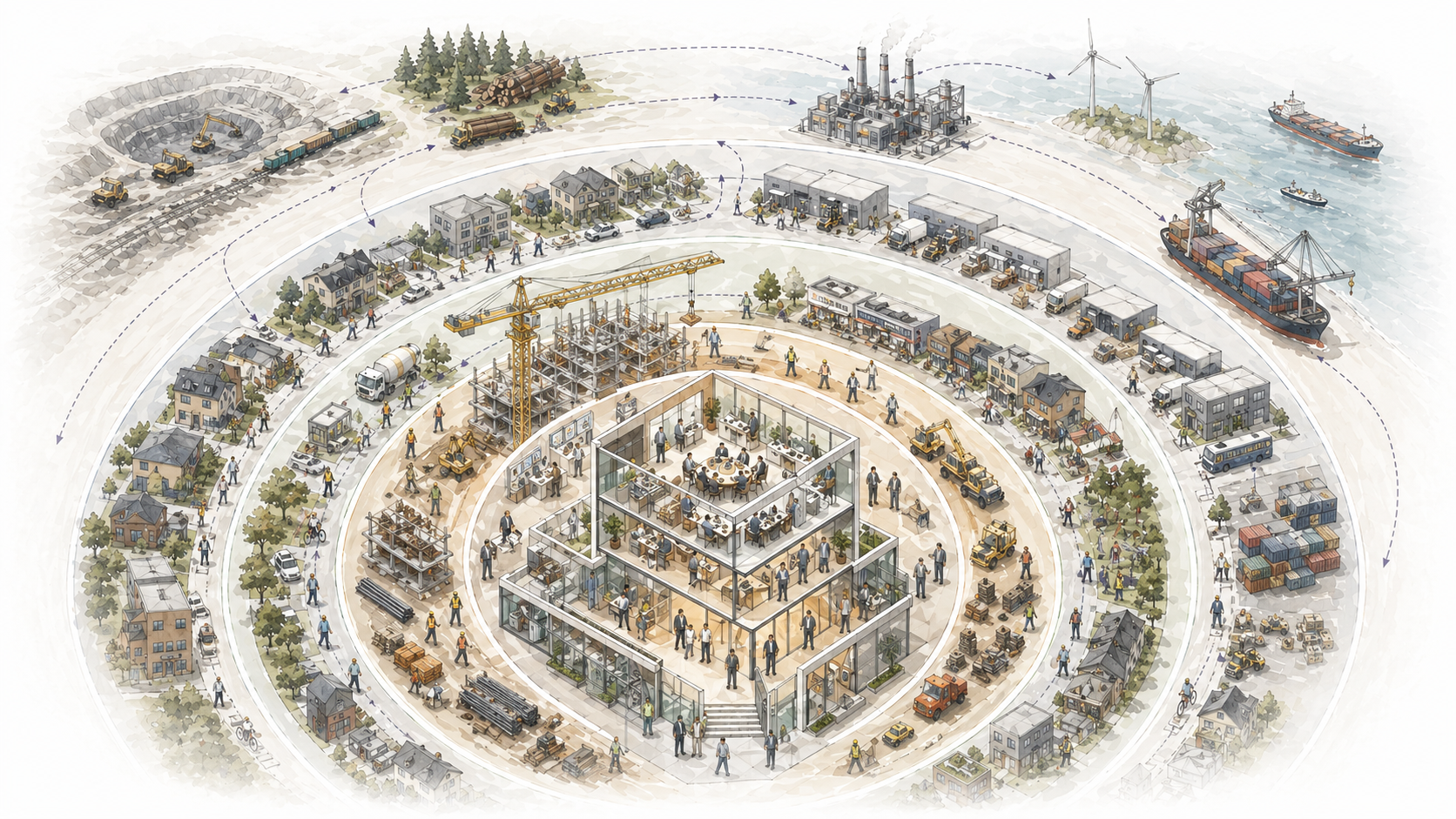 Isometric illustration of a building at the center of six concentric rings representing the people it touches — tenants, facilities staff, construction workers, community residents, supply chain vendors, and raw material laborers